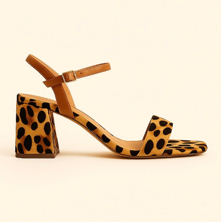 Sandália Animal Print Block – Salto Bloco com Tiras Finas e Estampa Onça