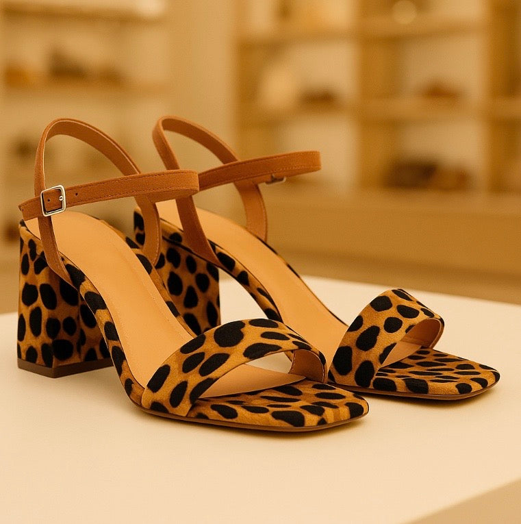 Sandália Animal Print Block – Salto Bloco com Tiras Finas e Estampa Onça